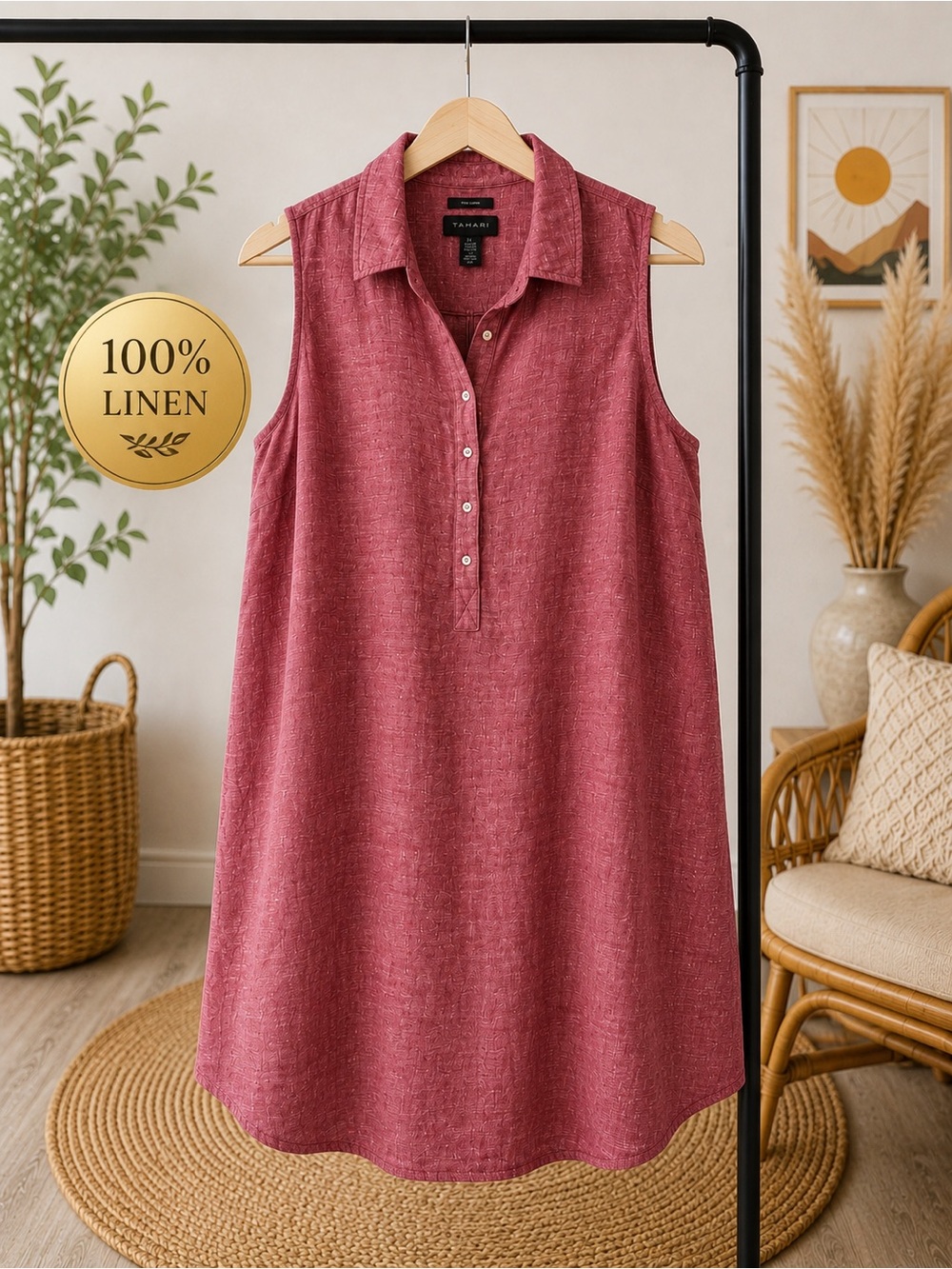 TAHARI 100% Linen Sleeveless Linen Tunic Dress in Dusty Rose